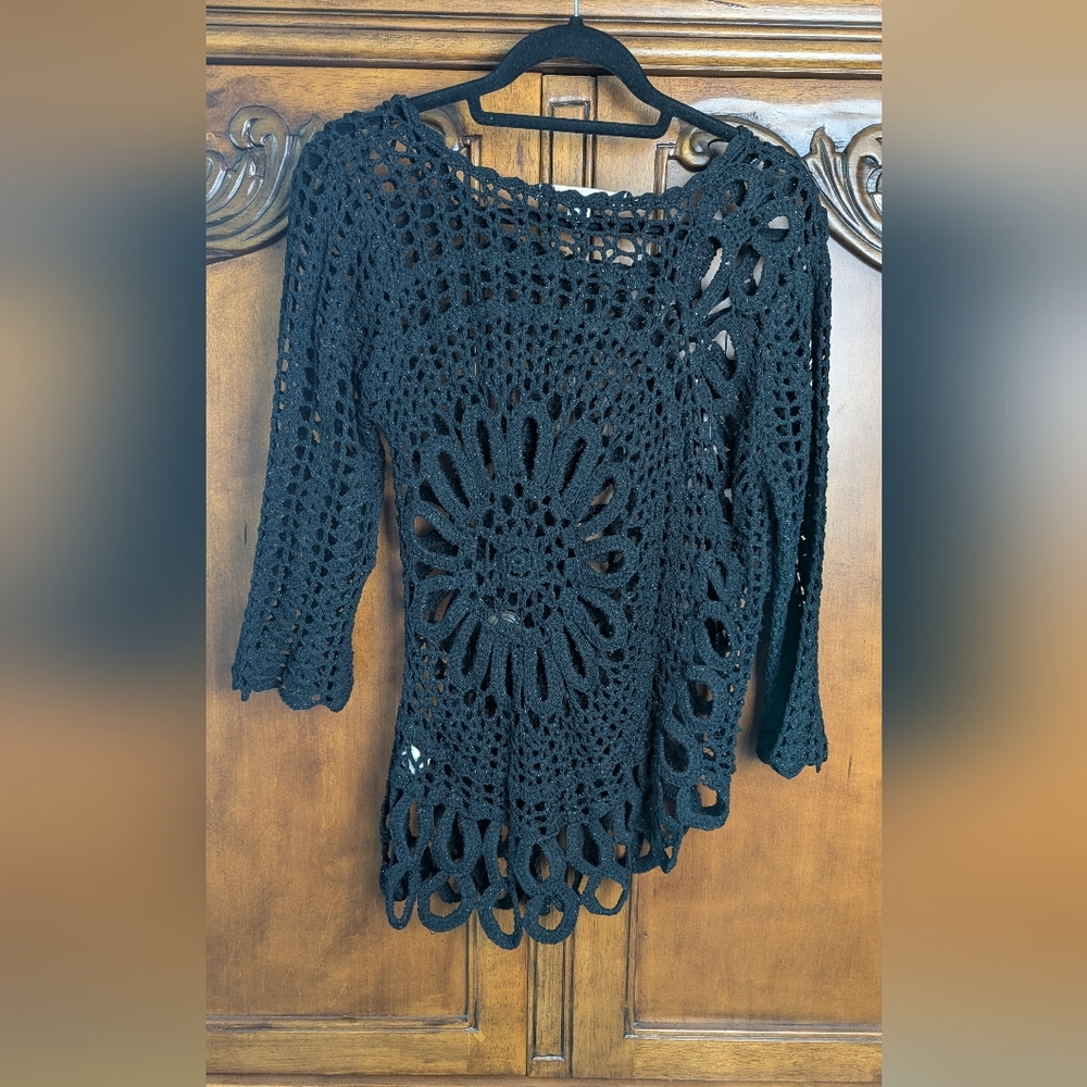 Boston Proper Black Open Weave Asymmetrical Crochet Top
